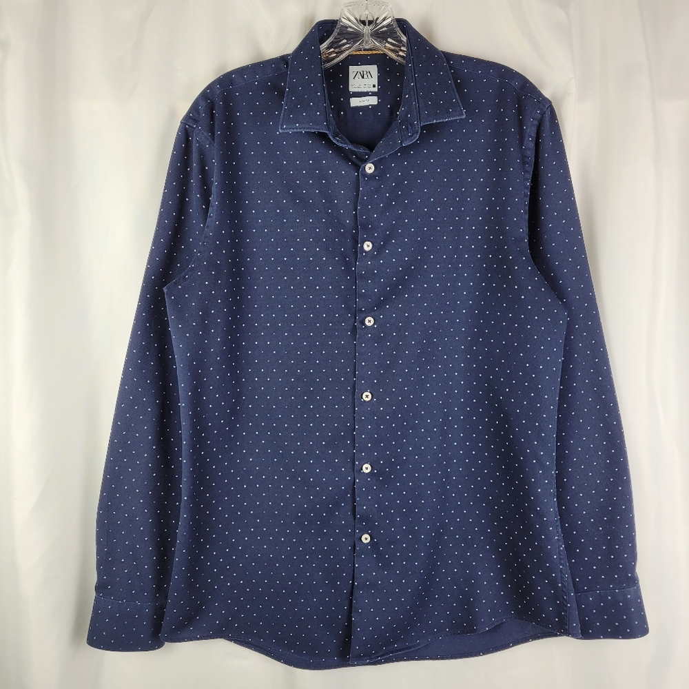 Zara Slim Fit Navy White Star Print Long Sleeve Button Down Shirt Mens Large